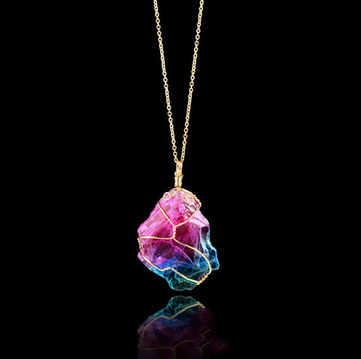 Seven-Color Natural Stone Rough Stone Winding Crystal Pendant Transparent Multi-Color Stone Chain Necklace Necklace