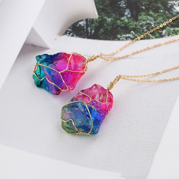 Seven-Color Natural Stone Rough Stone Winding Crystal Pendant Transparent Multi-Color Stone Chain Necklace Necklace