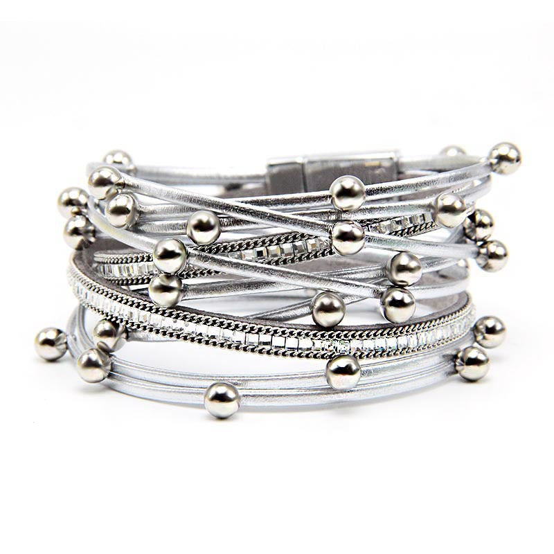 Magnetic Buckle Ladies PU Hot Diamond Beads Bracelet