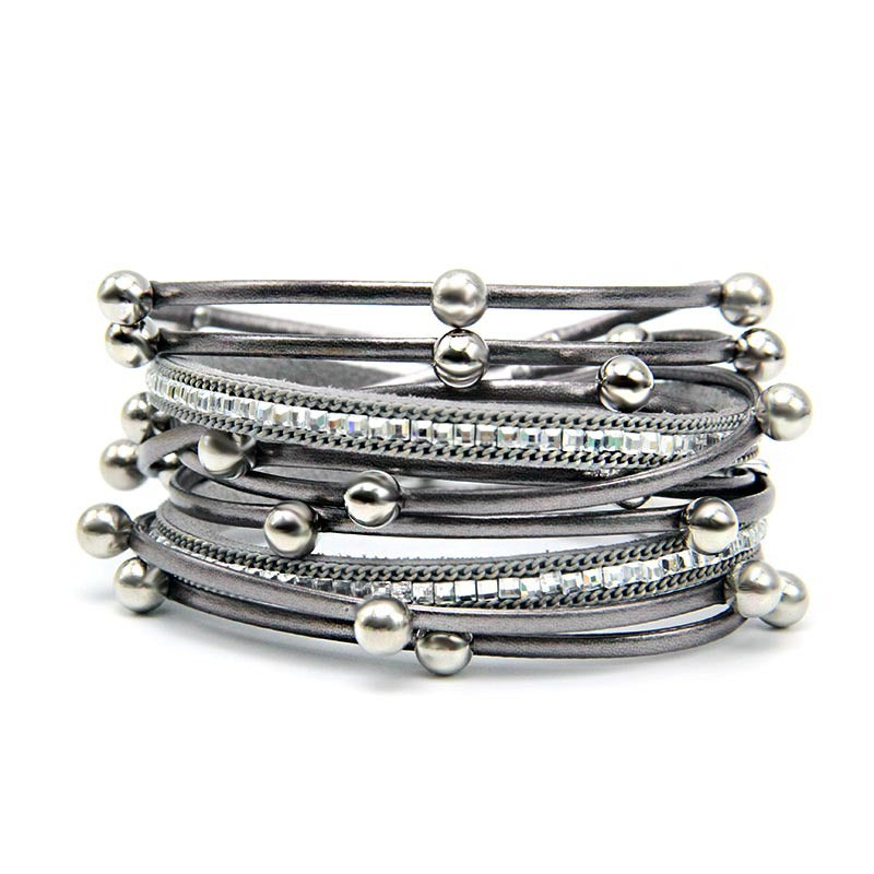 Magnetic Buckle Ladies PU Hot Diamond Beads Bracelet