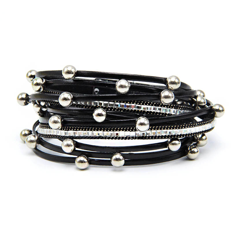 Magnetic Buckle Ladies PU Hot Diamond Beads Bracelet