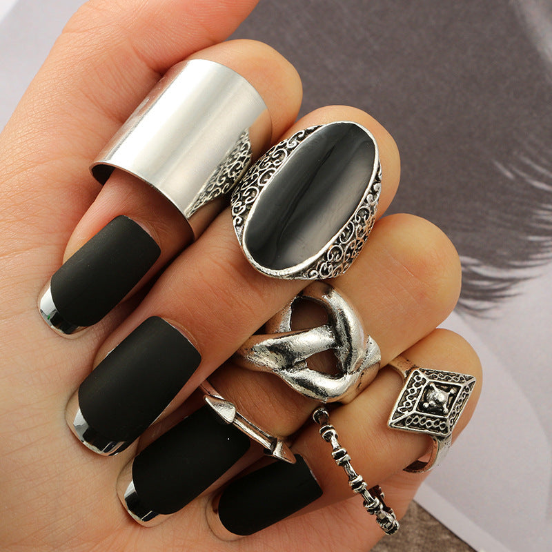 Ladies Black Gemstone Set Ring 6 Piece Set