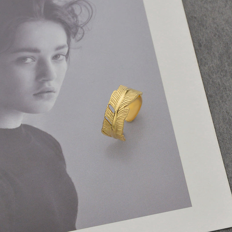 French Female Romantic Feather Opening Adjustment Ring Titanium Steel 14K Gold Color Preservation Leaf Leaf Ring