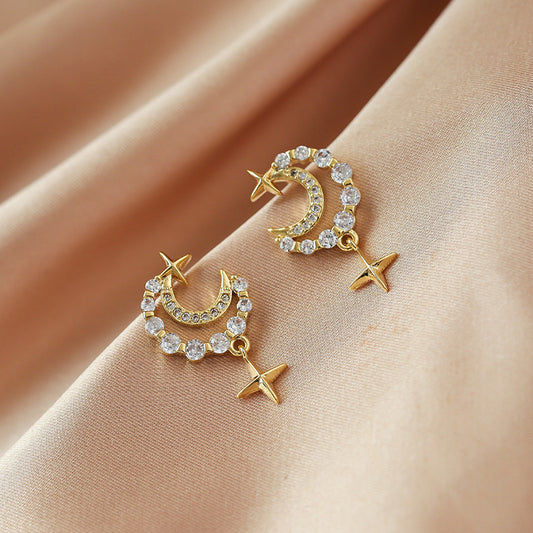 Moon Star Tassel Earrings Creative New Trendy Stars And Moon Diamond Short Earrings Female Earrings