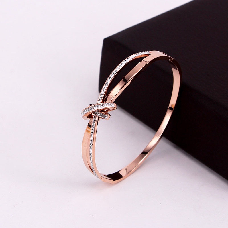 Diamond Double Ring Bracelet Titanium Steel Plated 18K Rose Gold Bow Female Bracelet