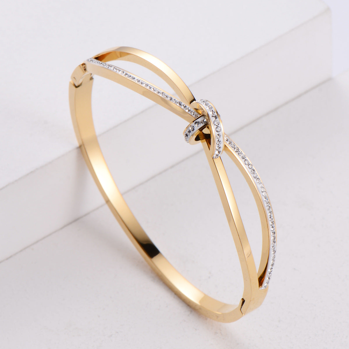 Diamond Double Ring Bracelet Titanium Steel Plated 18K Rose Gold Bow Female Bracelet