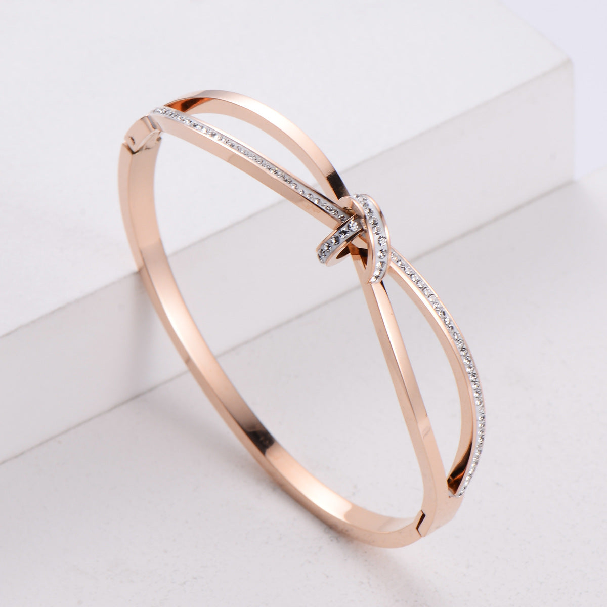 Diamond Double Ring Bracelet Titanium Steel Plated 18K Rose Gold Bow Female Bracelet