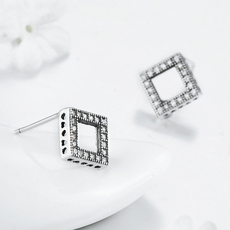 Popular Square Full Diamond Earrings Female Hollow Heart Earrings