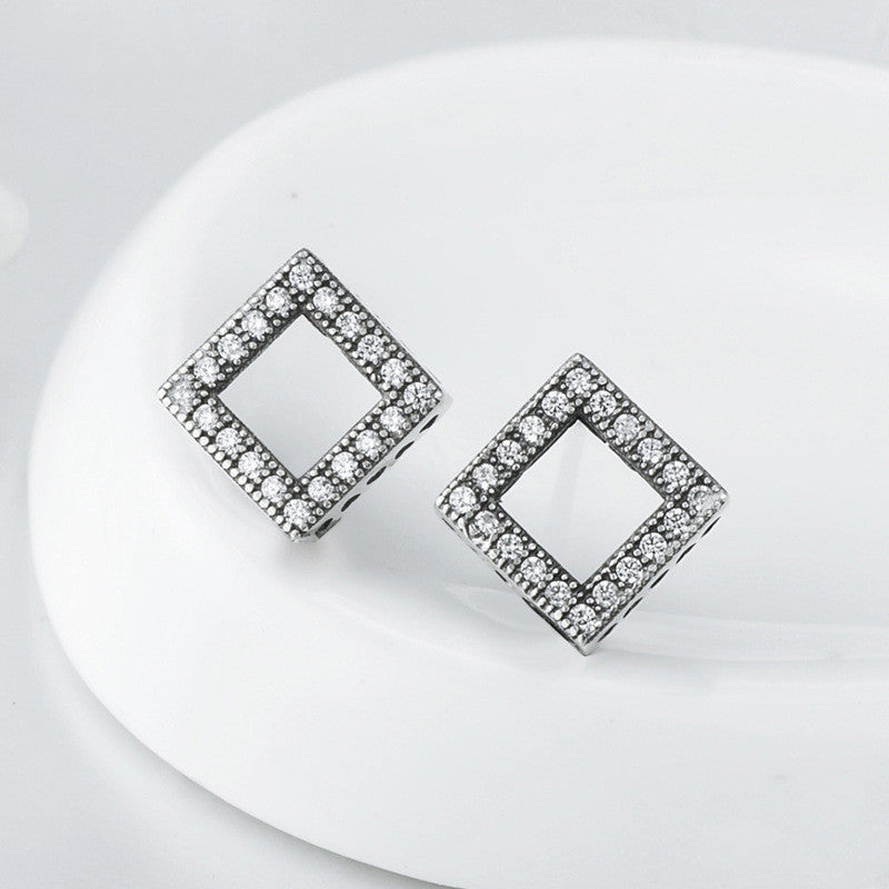 Popular Square Full Diamond Earrings Female Hollow Heart Earrings