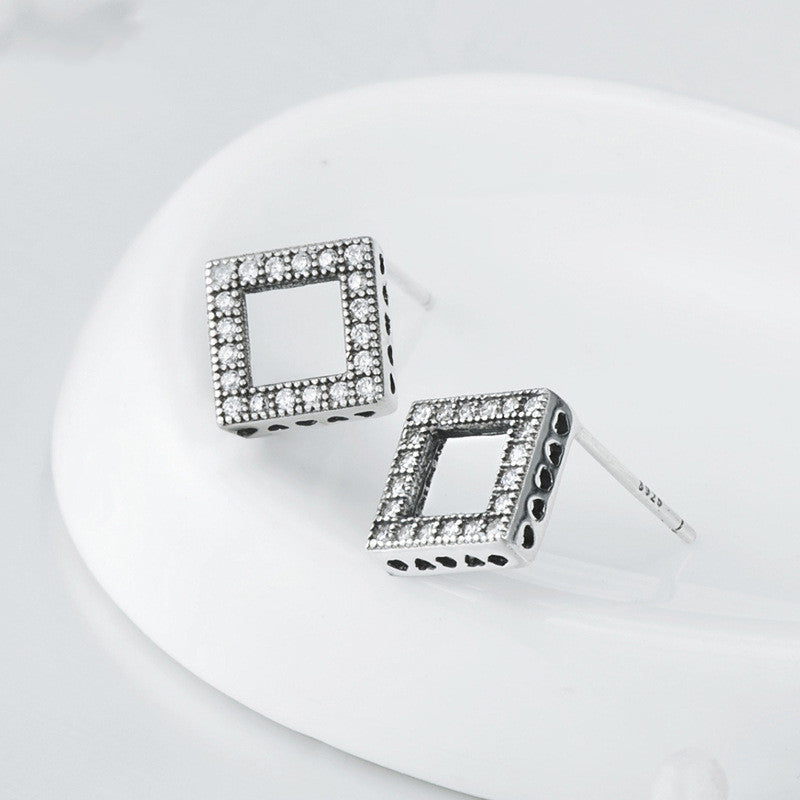 Popular Square Full Diamond Earrings Female Hollow Heart Earrings