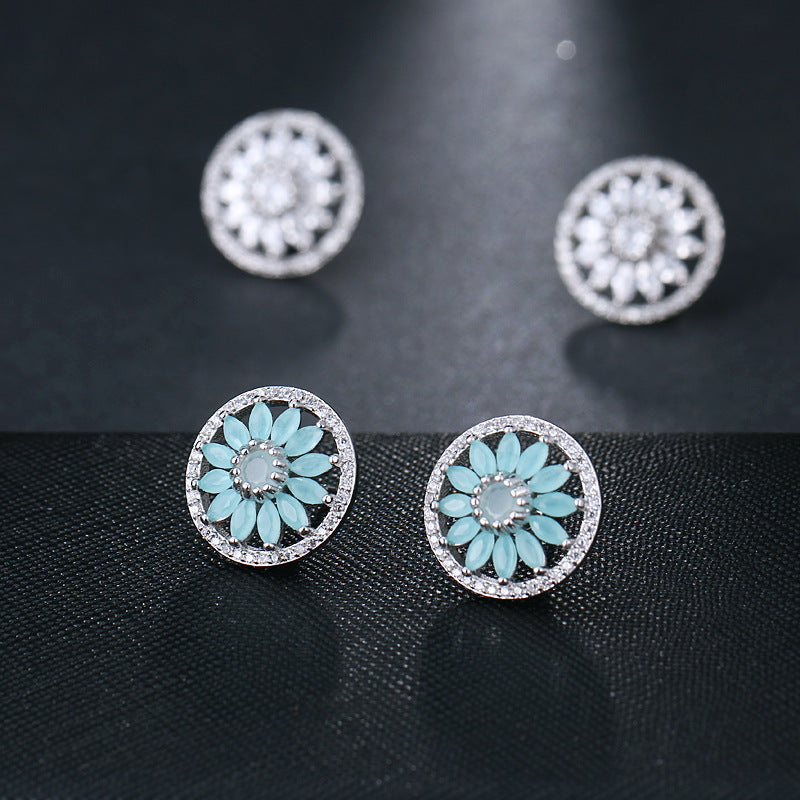 Full Diamond Horse Eye Sun Flower Zircon Earring Stud Earrings