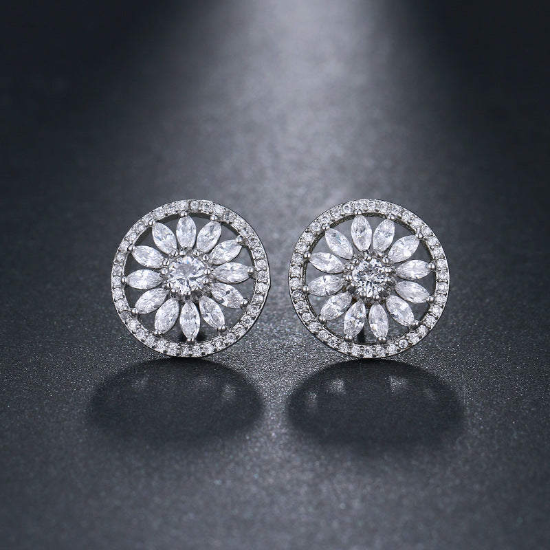 Full Diamond Horse Eye Sun Flower Zircon Earring Stud Earrings