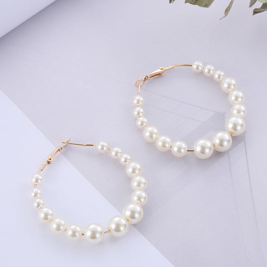 Women Elegant White Pearls Round Hoop Earrings Girl