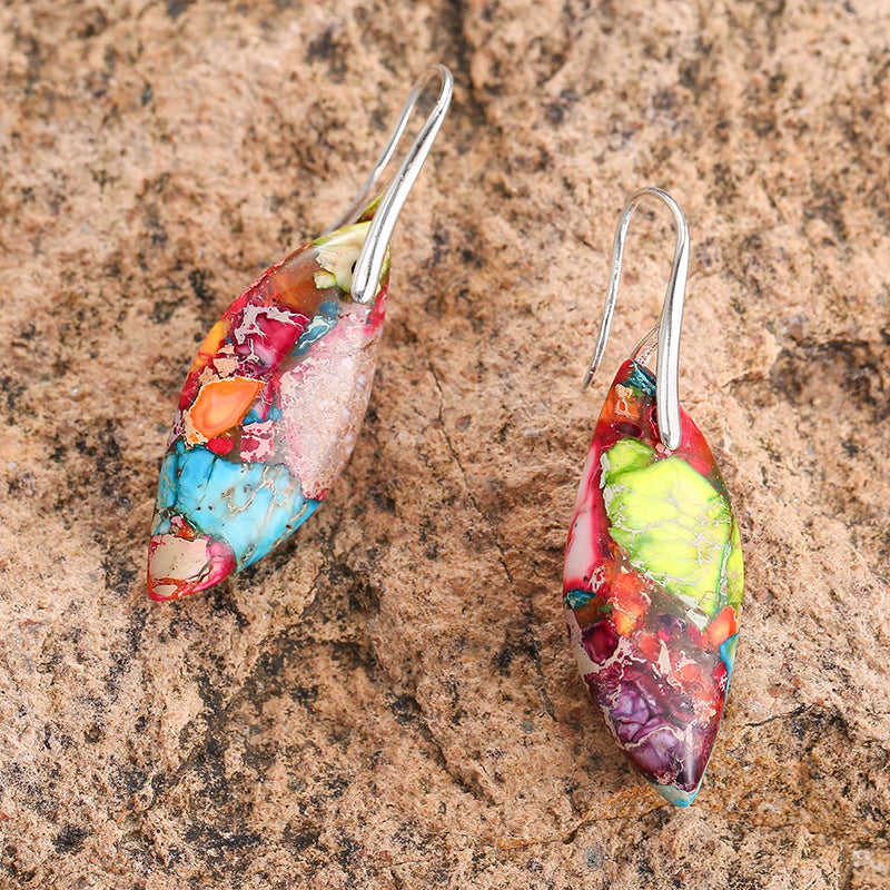 New Style Earrings, Retro Geometric Water Drop Leaf-Shaped Color Emperor Stone Natural Stone Earring