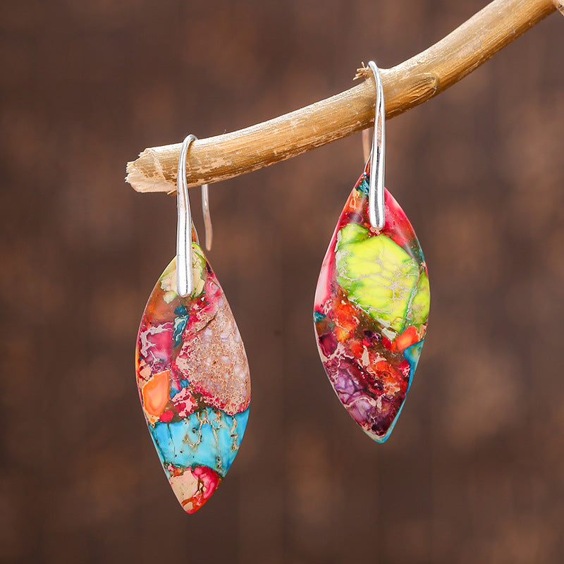 New Style Earrings, Retro Geometric Water Drop Leaf-Shaped Color Emperor Stone Natural Stone Earring