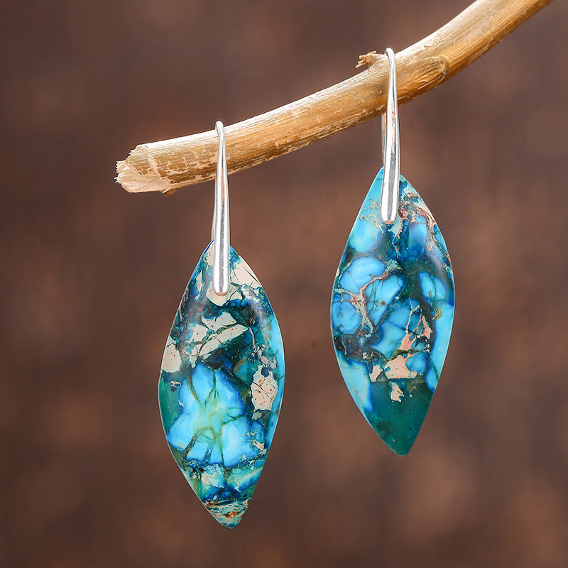 New Style Earrings, Retro Geometric Water Drop Leaf-Shaped Color Emperor Stone Natural Stone Earring