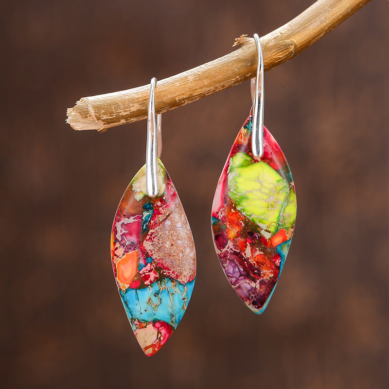 New Style Earrings, Retro Geometric Water Drop Leaf-Shaped Color Emperor Stone Natural Stone Earring