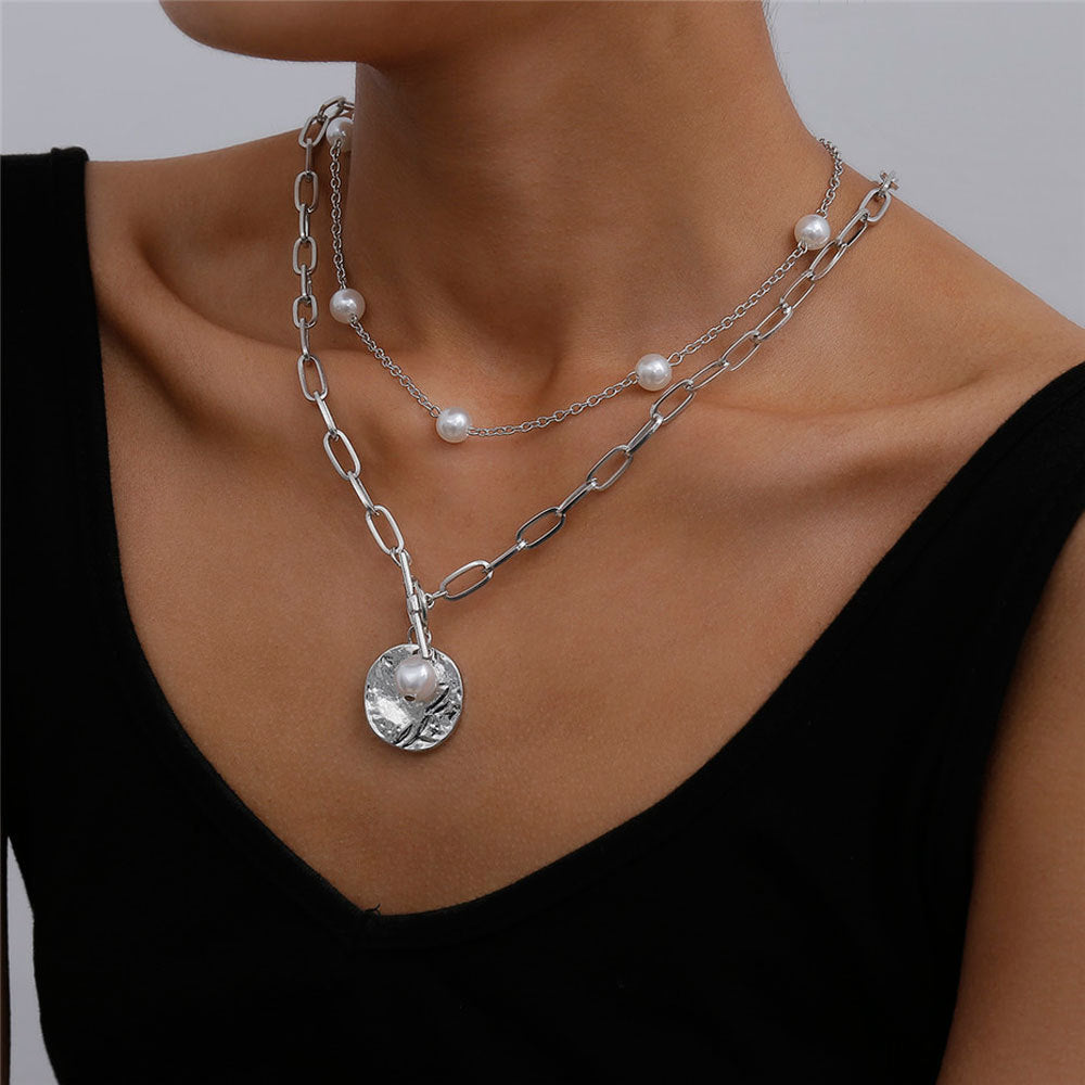 Chain pearl double necklace