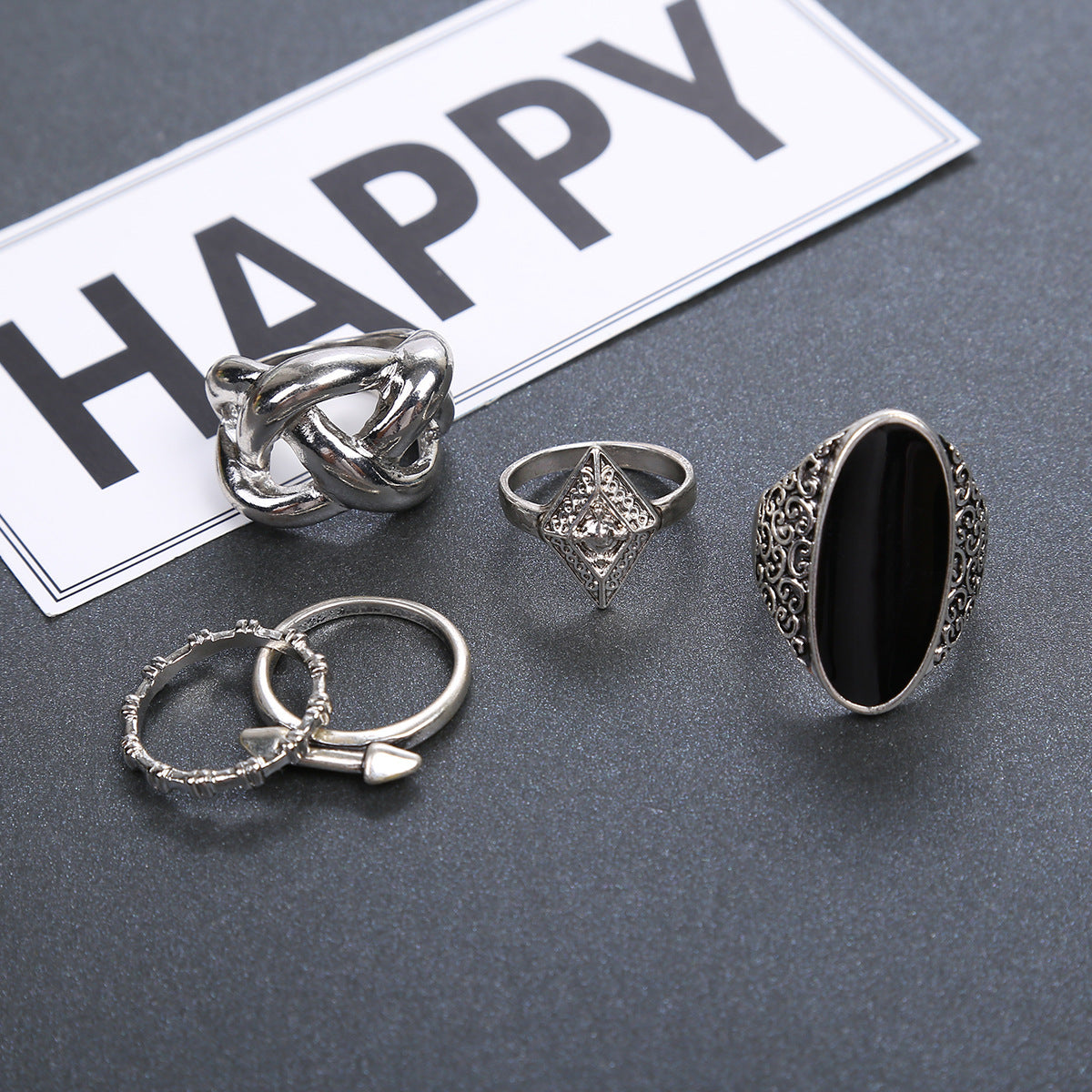 Ladies Black Gemstone Set Ring 6 Piece Set