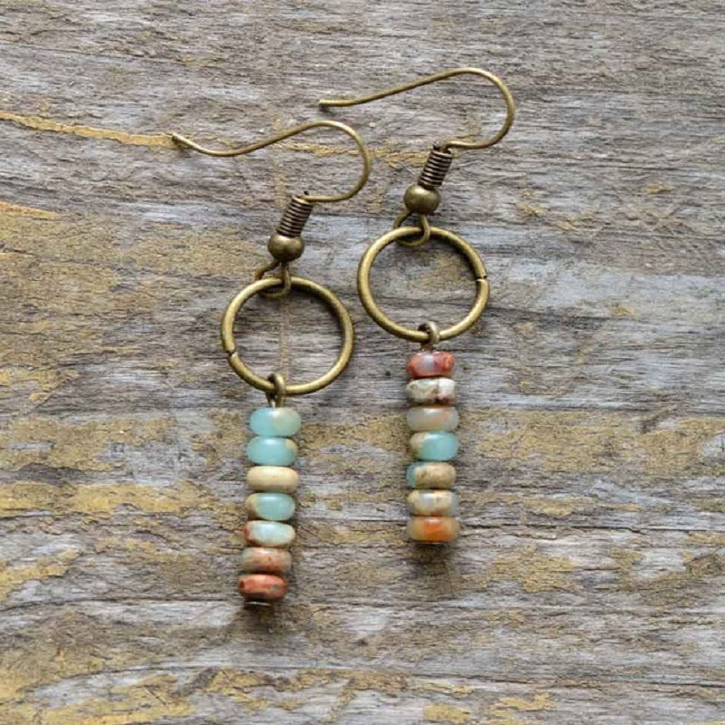 Ladies Tianshou Mountain Stone Picture Stone Bead Earrings