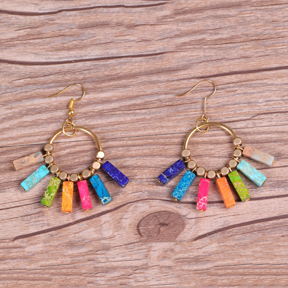 Natural Emperor Stone Earrings 7 Color Energy Stone Yoga Earrings Bohemian National Wind Ear Hook