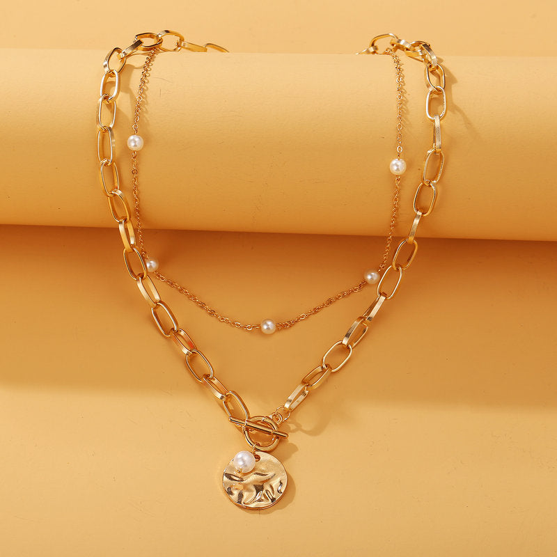 Chain pearl double necklace