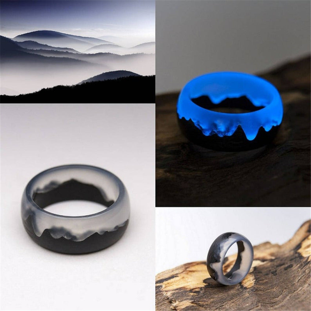 New Resin Wood Snowscape Starry Sky Aurora Personality Ring Fluorescent Secret Wood For Women Men Unusual Decoration Jewelry