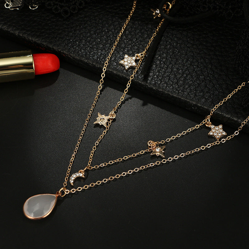 Moon Star Diamond 2 Layer Necklace Geometric Diamond Clavicle Chain