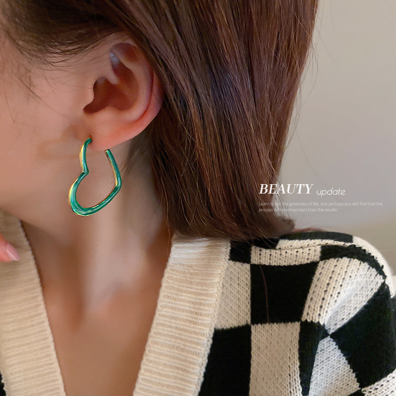 Silver Needle Green Love Hoop Earrings Fashion Retro