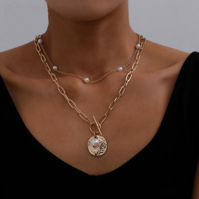 Chain pearl double necklace