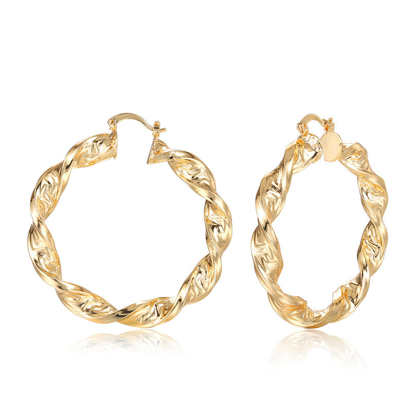 Round Textured Hoop Plating 18K Gold Earrings