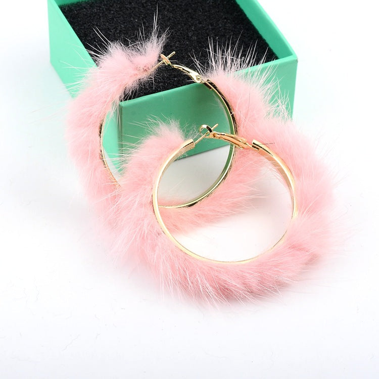 Mink Fur Large Circle Round Ear Hoop Earrings