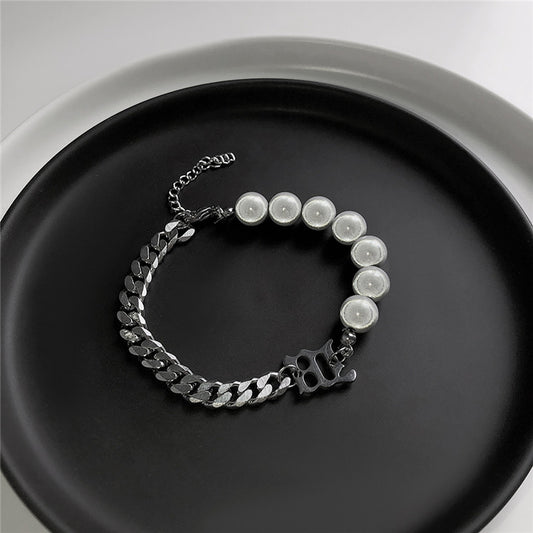 Reflective Pearl Letter Titanium Steel Bracelet