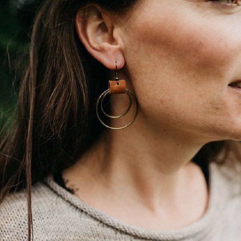 Women's Vintage Bronze Hoop Leather Earrings