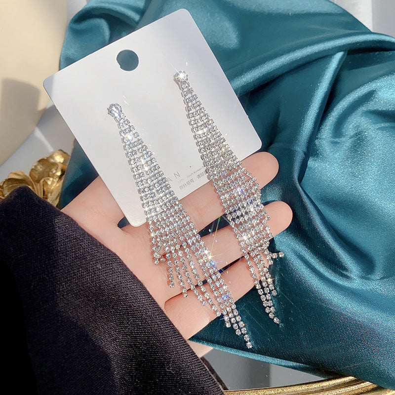 Diamond long tassel earrings