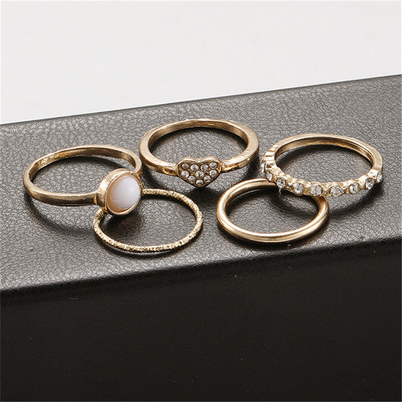 Pearl Heart Combination Knuckle Ring Set Of Five Boho