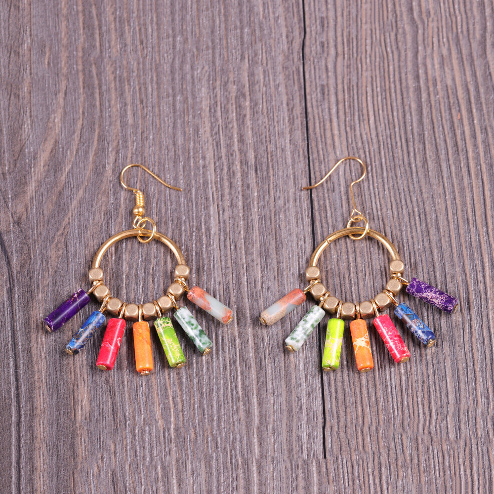 Natural Emperor Stone Earrings 7 Color Energy Stone Yoga Earrings Bohemian National Wind Ear Hook