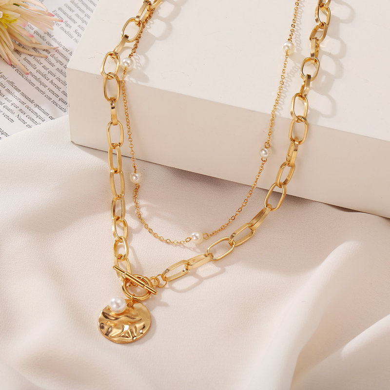 Chain pearl double necklace