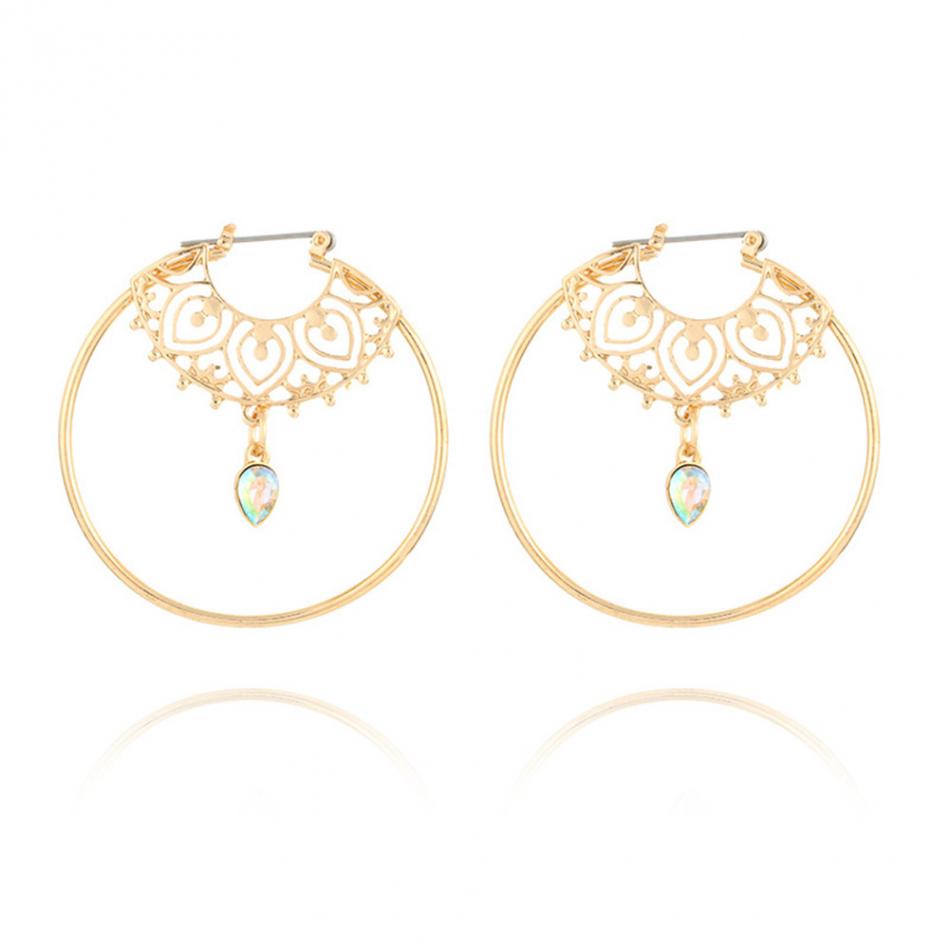 Gold Color Big Circle Round Hoop Earrings For Women Fashion Water Drop Crystal Geometric Hoops aros Statement Earrings