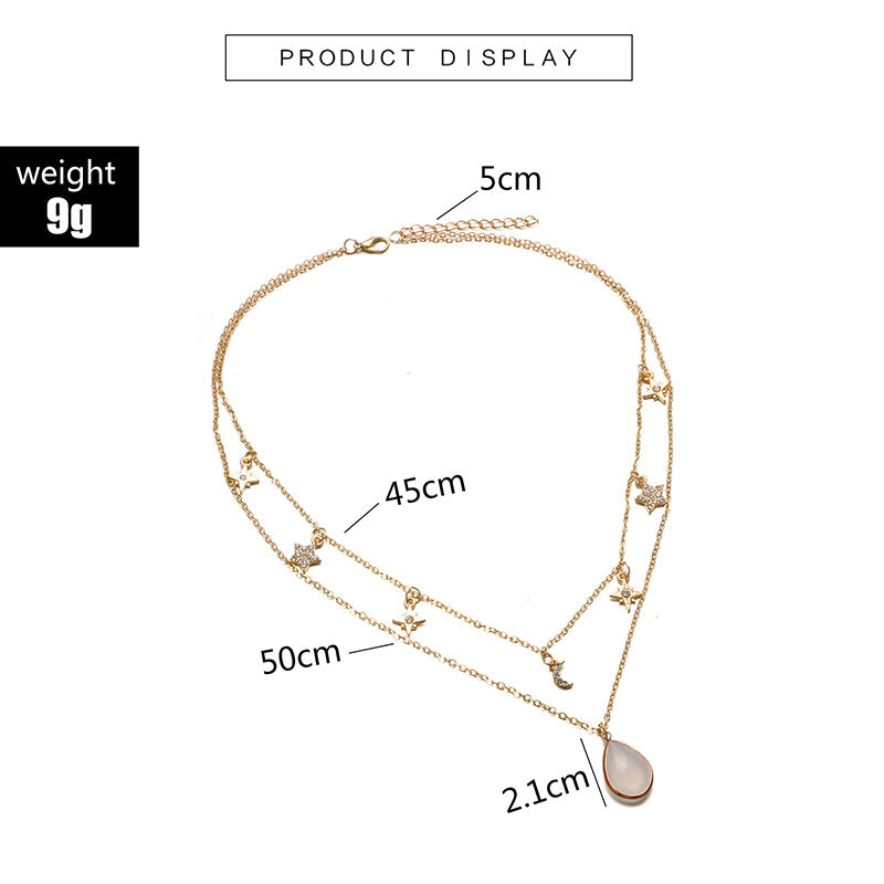 Moon Star Diamond 2 Layer Necklace Geometric Diamond Clavicle Chain