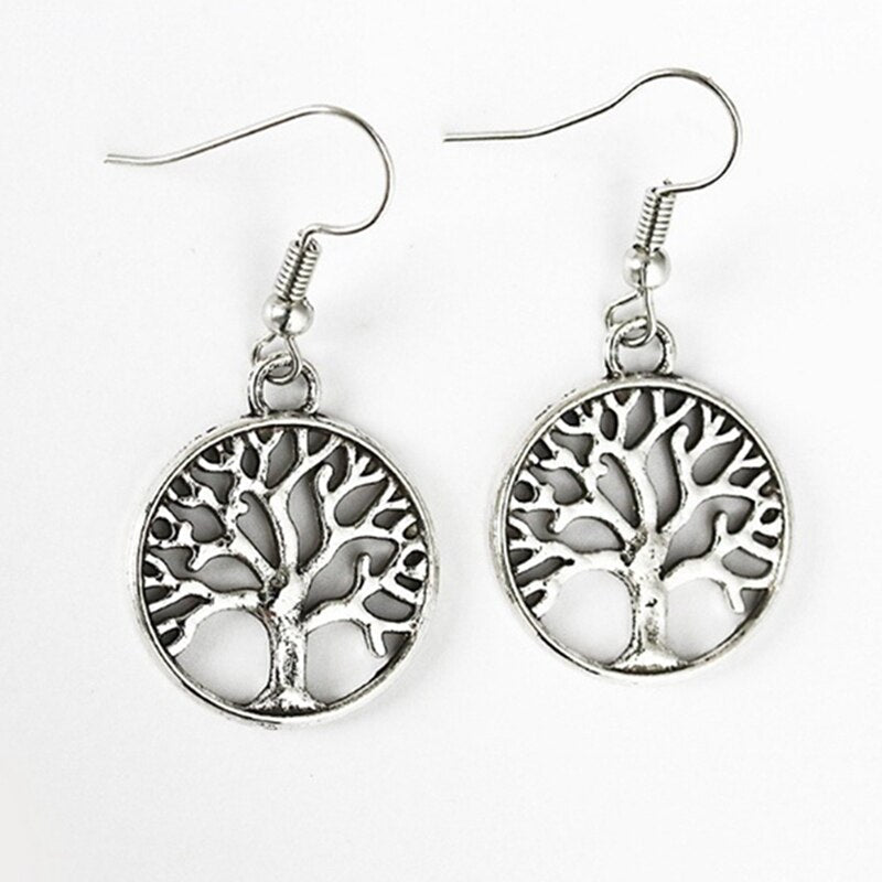 Fashion Natural Stone Tree Of Life Pendulum Pendant Earrings For Women Healing Alloy Round Circle Dangle Earring Party Jewelry