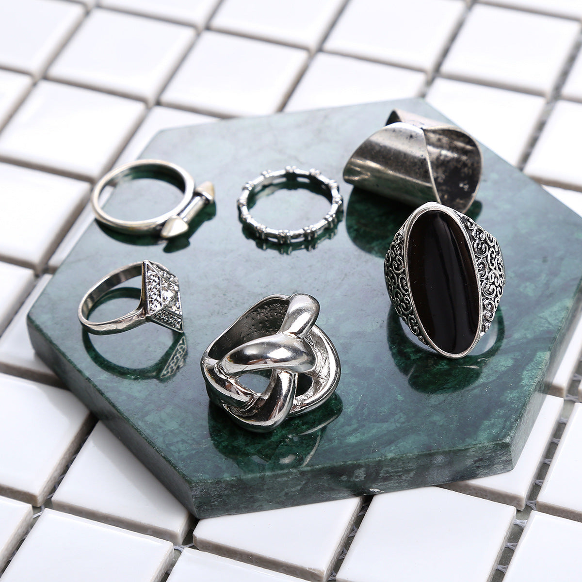 Ladies Black Gemstone Set Ring 6 Piece Set