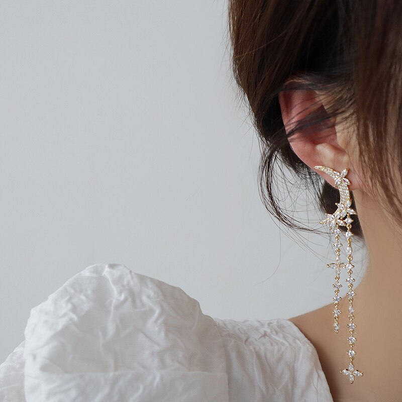 Super Sparkling Zircon Moon Tassel Earrings