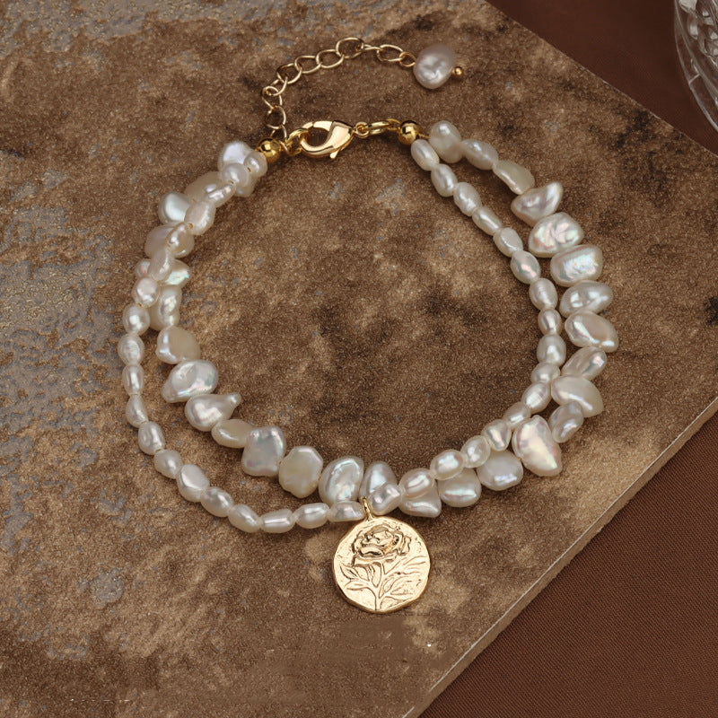 Embossed Coin Natural Freshwater Pearl Bracelet