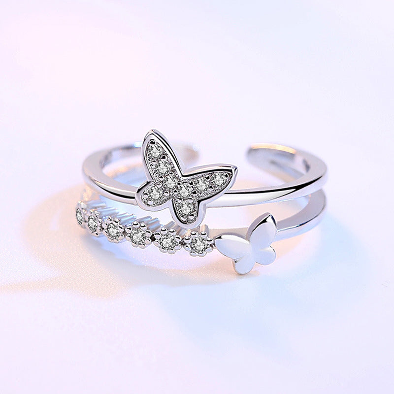 Butterfly Love Silver Ring Micro-inlaid Butterfly Zircon Ring   Bracelet Tail Ring