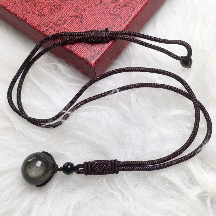 Crystal Natural Obsidian Single Bead Pendant Necklace