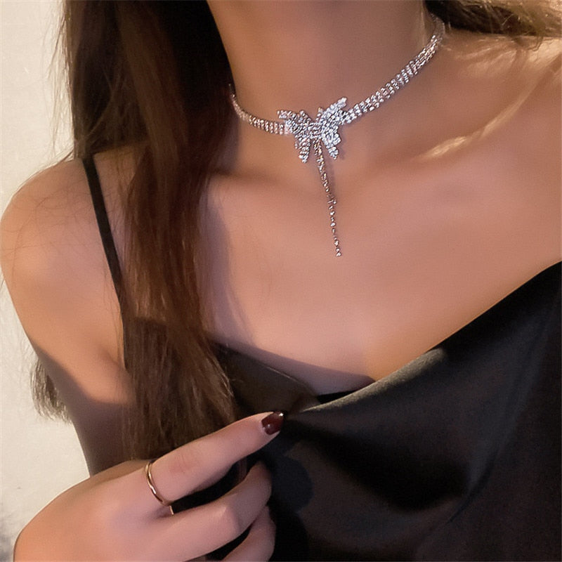 Butterfly diamond necklace simple clavicle chain earrings set