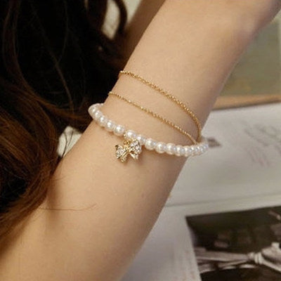 Ladies multilayer pearl bow bracelet