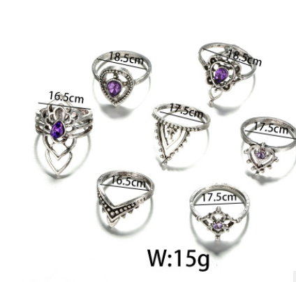 New retro purple crystal joint ring set female hollow flower diamond ring 7 piece set