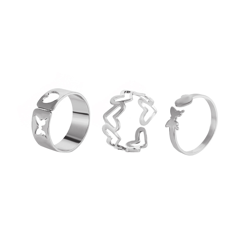 Openwork Love Geometric Ring Set Combination Fashion